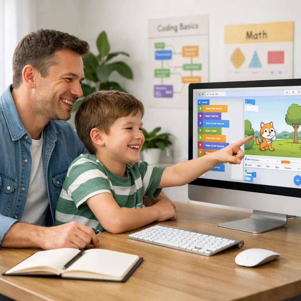 Parent and child exploring educational coding on desktop computer in bright home office with modern learning setup