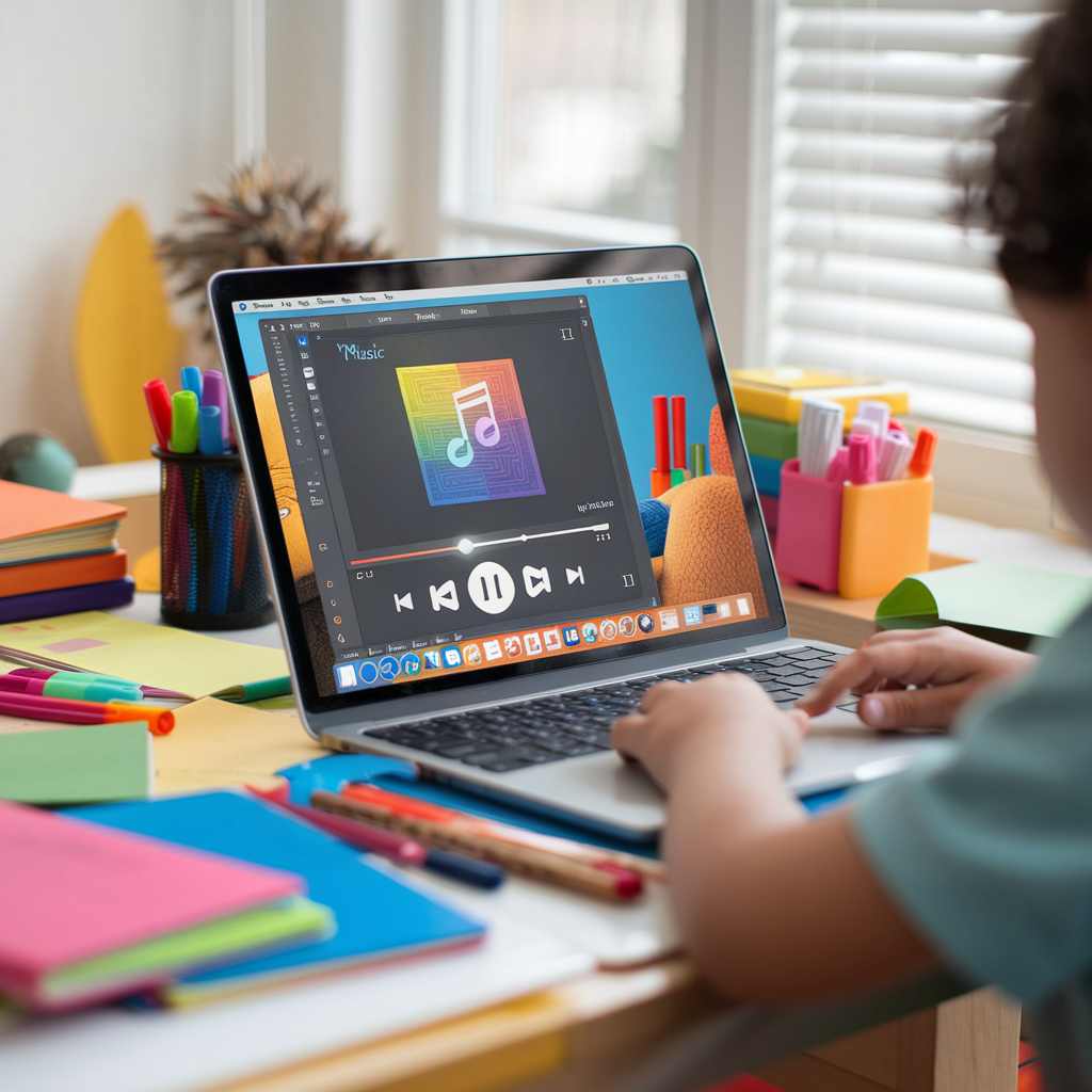 realistic photo of a child's workspace with a laptop displaying Scratch programming software on the screen. The Scratch project shows a music player interface with play, pause, and stop buttons. The environment includes colorful stationery like markers, notebooks, and a comfortable chair, evoking a warm, educational setting. The workspace is bright, with natural light coming through a nearby window, giving a cozy, inviting atmosphere ideal for learning.