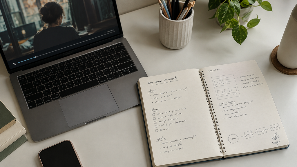 Study desk with a paused coding video and a handwritten plan for a solo coding project