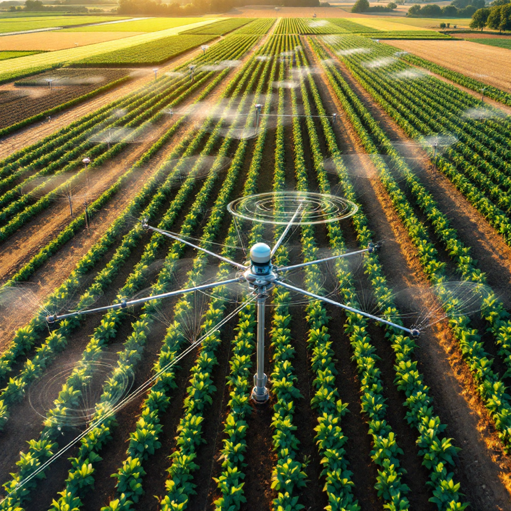Aerial drone perspective of a modern smart farm with visible sensor nodes installed throughout crop rows, with some nodes on poles above crops. The image should show varied terrain with irrigation systems and a small weather station in the distance.