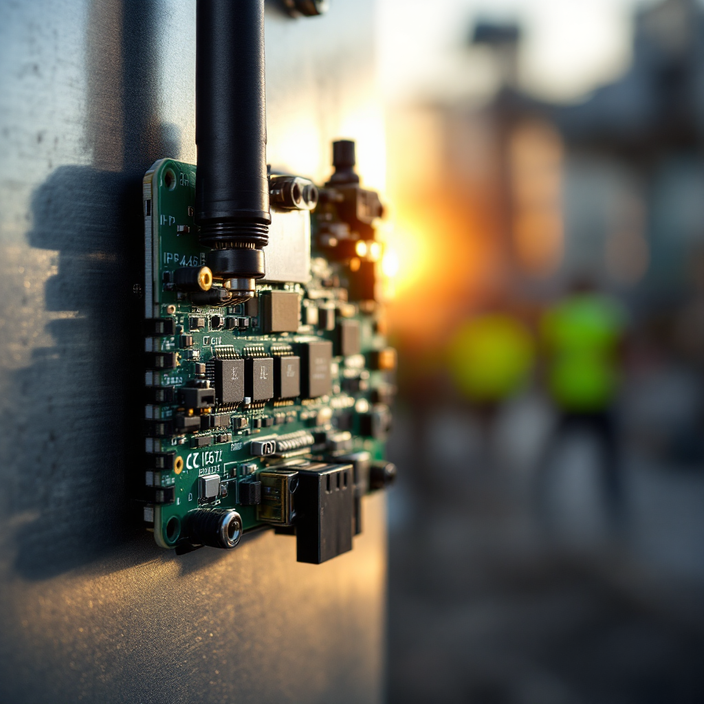 A detailed close-up photograph of a modern IoT sensor node with visible components including a small circuit board, miniature antenna, battery compartment, and weather-resistant casing. The node should be shown in a realistic outdoor setting with natural lighting.