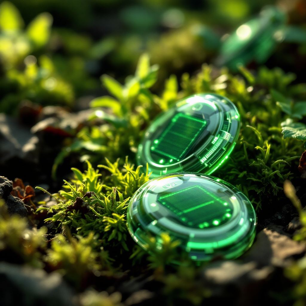 A futuristic close-up of next-generation biodegradable sensors being deployed in a natural environment, with integrated solar harvesting capabilities and sleek minimalist design. The sensors should appear partially camouflaged against their surroundings with subtle indicator lights.