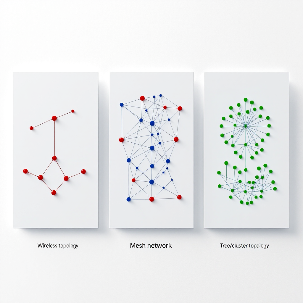 A 3D visualization showing multiple WSN topologies side by side in a minimal, clean style: a star network, a mesh network, and a tree/cluster network. Each topology should use small nodes represented as dots with connecting lines showing communication paths, using different colors for different topologies