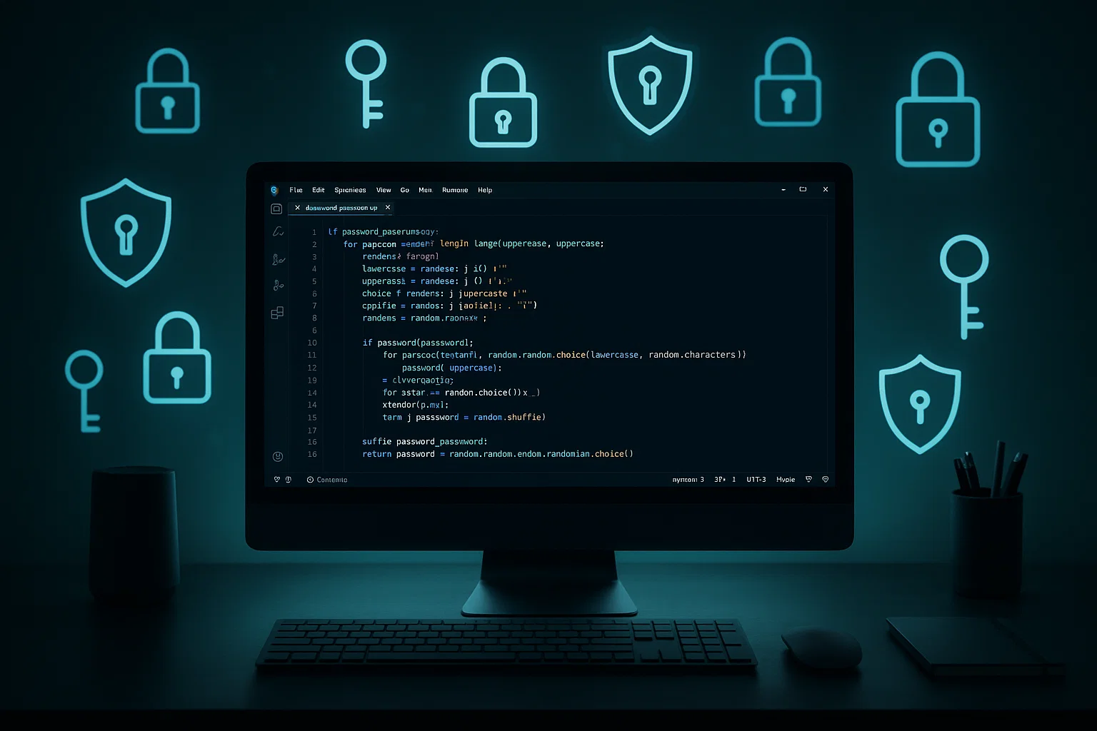 Python password generator code on computer screen with security lock icons