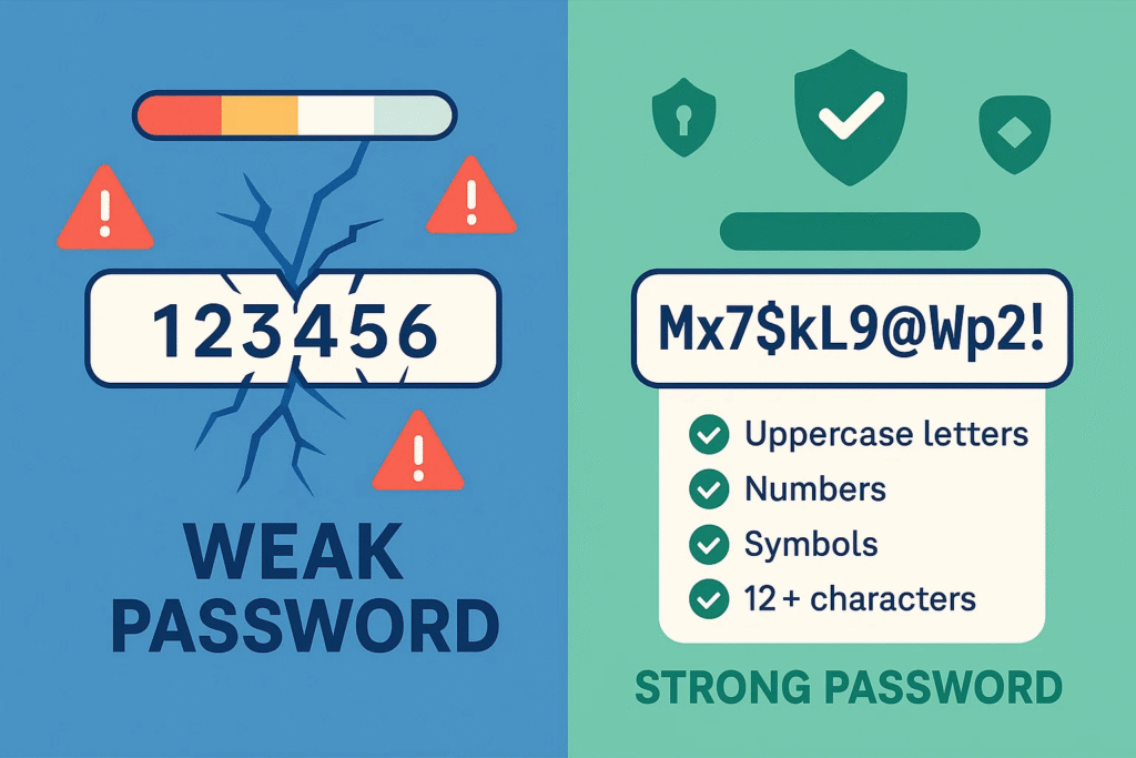 Illustration showing weak vs strong password comparison with security metrics