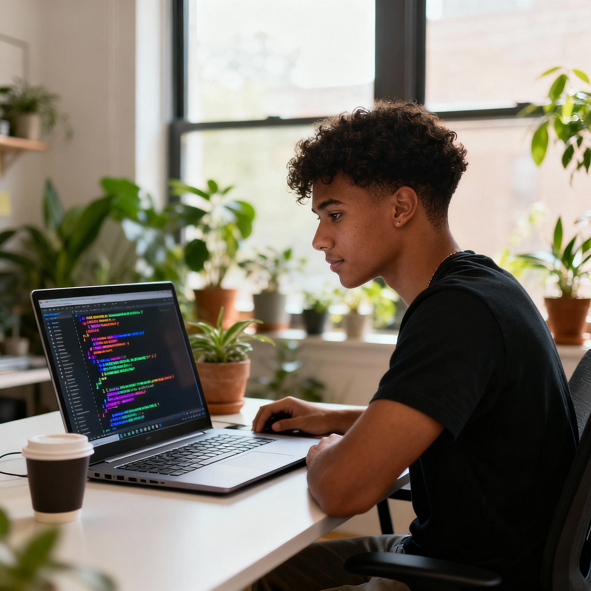 Young adult learning to code on laptop at home office desk with natural lighting and modern workspace setup