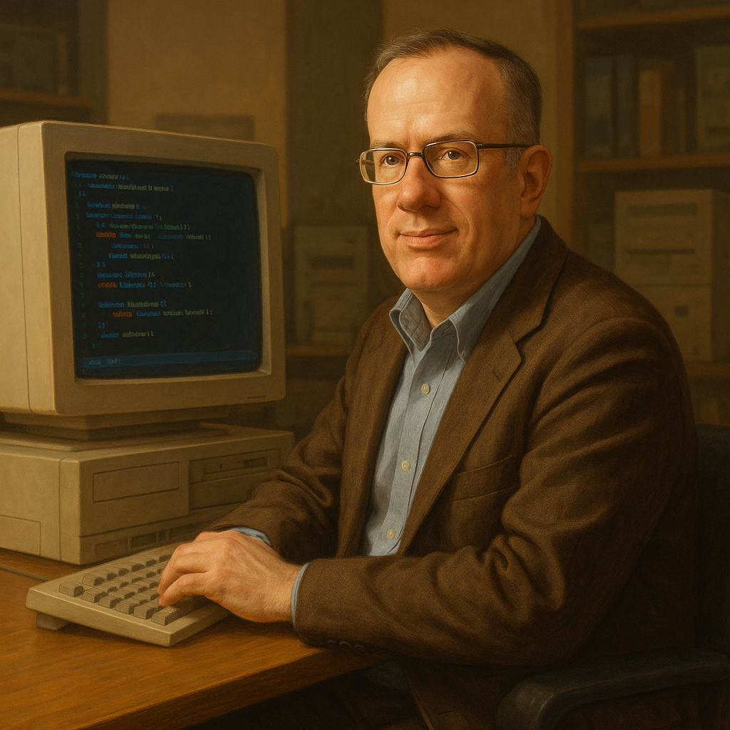 Professional portrait illustration of Brendan Eich, JavaScript creator, sitting at a 1990s computer workstation with code on screen, warm lighting, realistic digital art style, technology office background