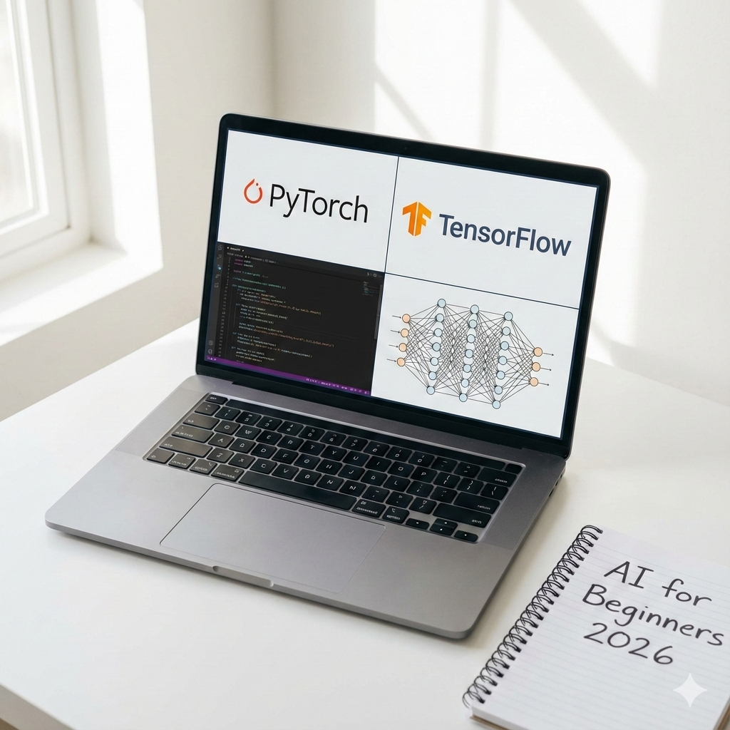 PyTorch vs TensorFlow comparison on laptop screen showing Python code and neural network visualization for beginner AI students