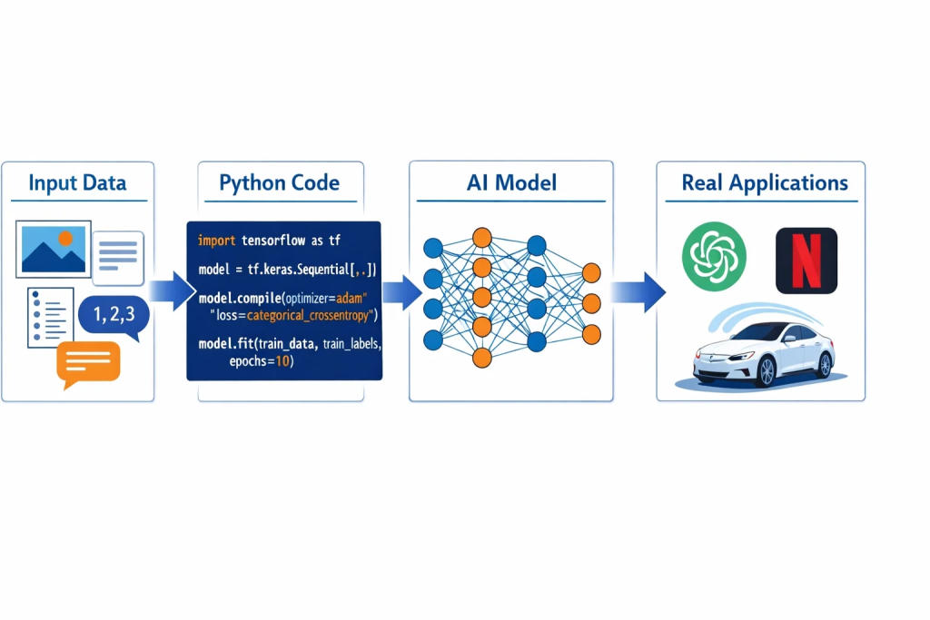 Diagram showing Python processing data via AI models for real-world apps