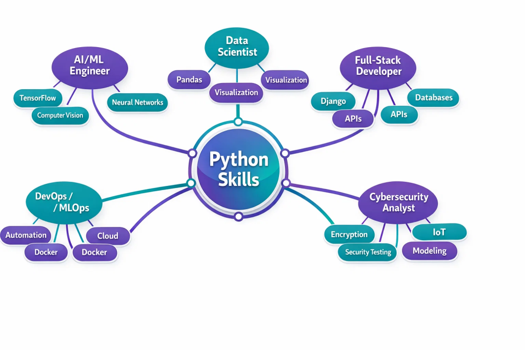 Python career paths diagram linking core skills to AI, data, and dev roles