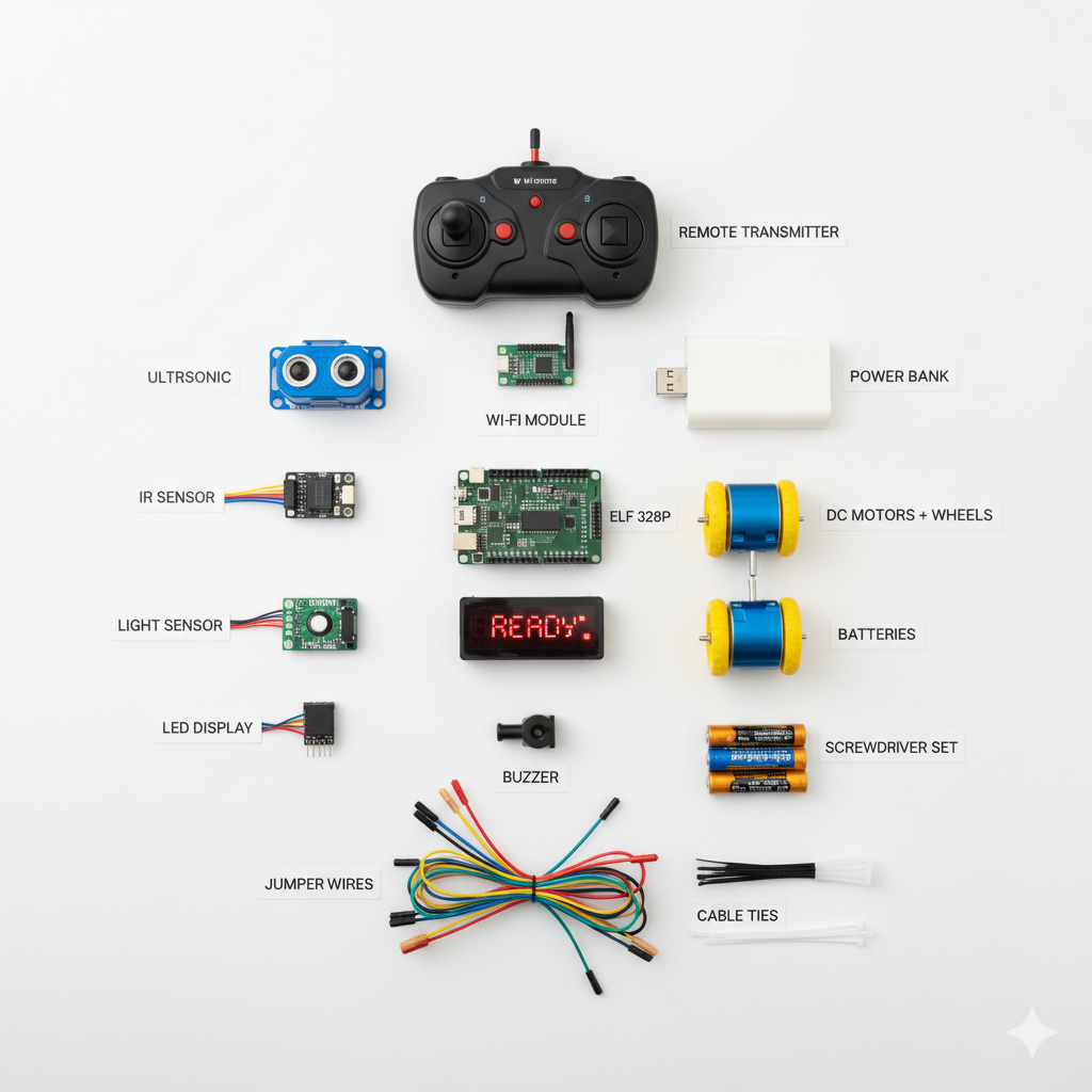 Complete RC robot building kit components including ELF 328P microcontroller sensors motors and remote control laid out
