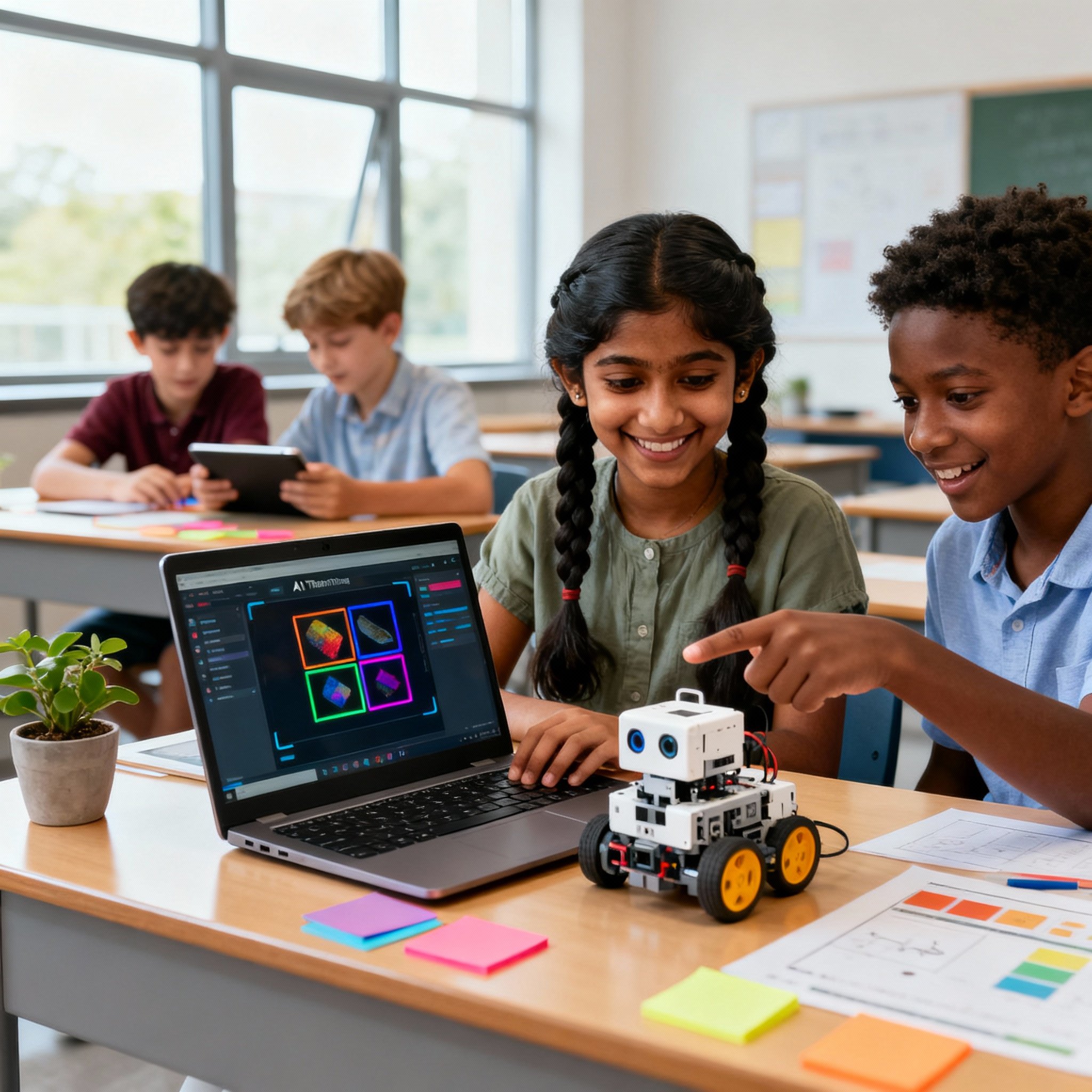 Diverse children learning AI coding on laptops in bright modern classroom with educational robot, demonstrating why AI education is important for kids