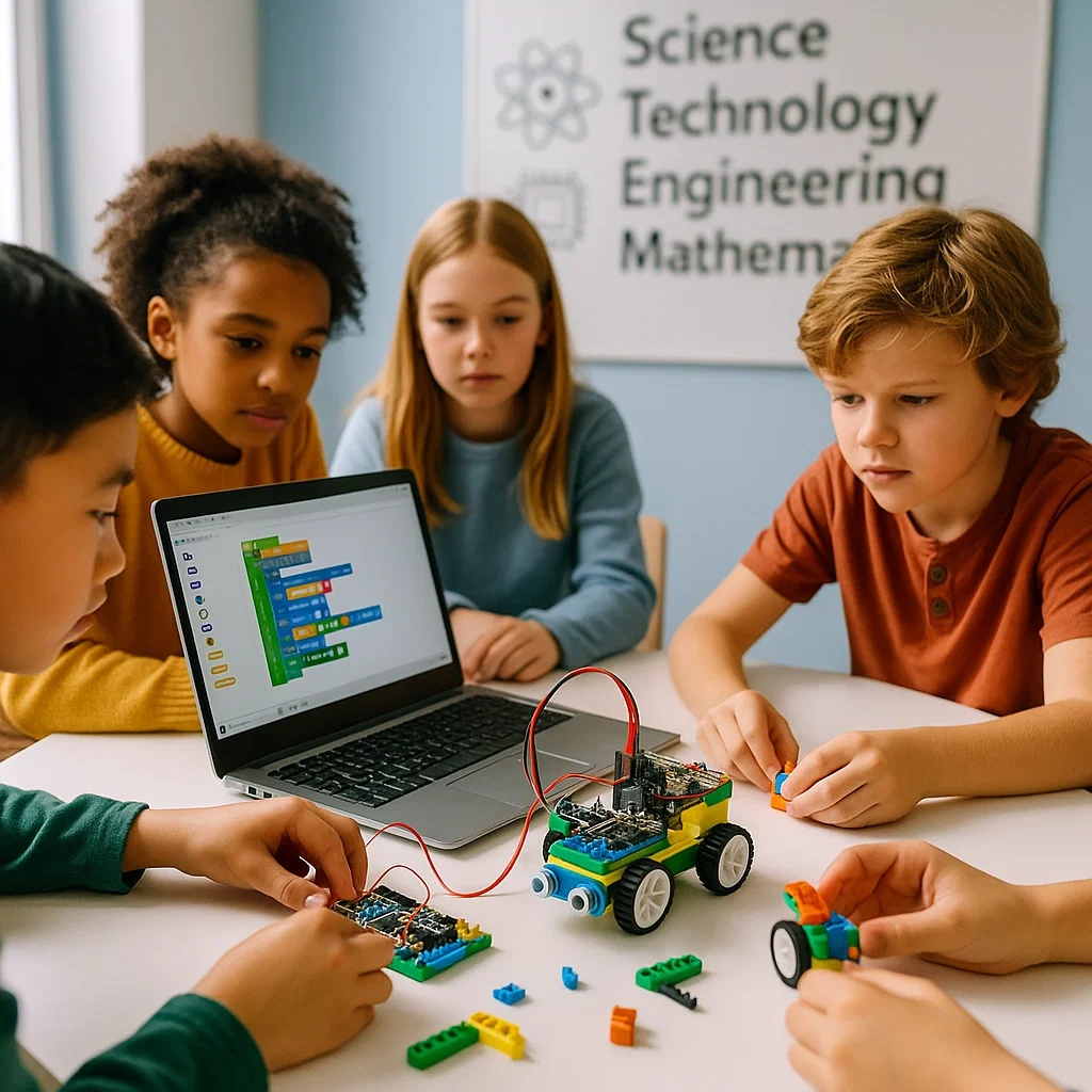 Diverse elementary students collaborating on robotics project in bright classroom, assembling robot parts with laptop showing coding interface and STEM subjects displayed on whiteboard