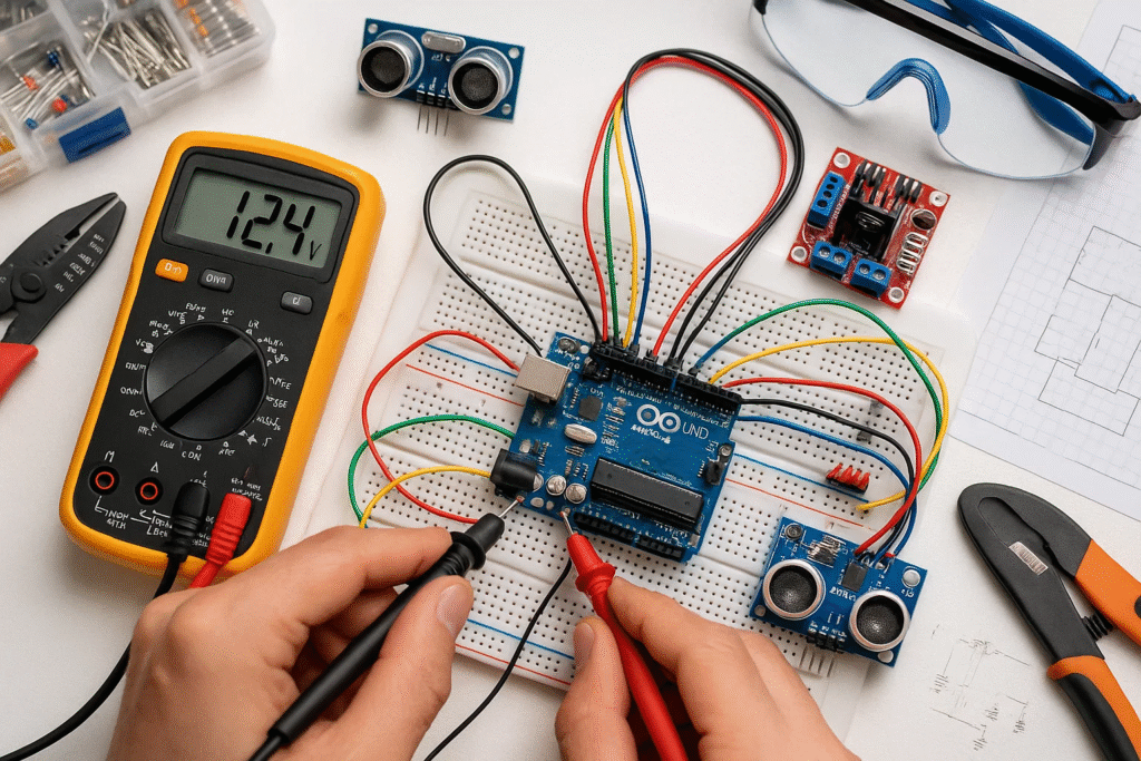 Hands using digital multimeter testing Arduino robotics circuit on breadboard with ultrasonic sensors and motor driver components