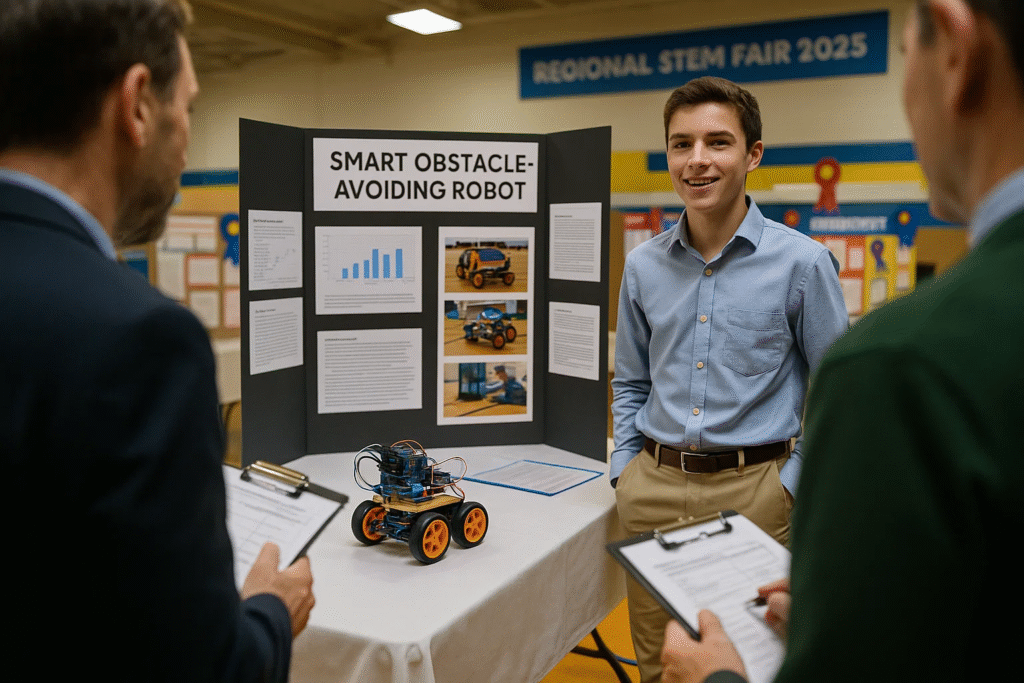 Student presenting robotics science fair project to judges with obstacle avoiding robot demonstration and professional display board