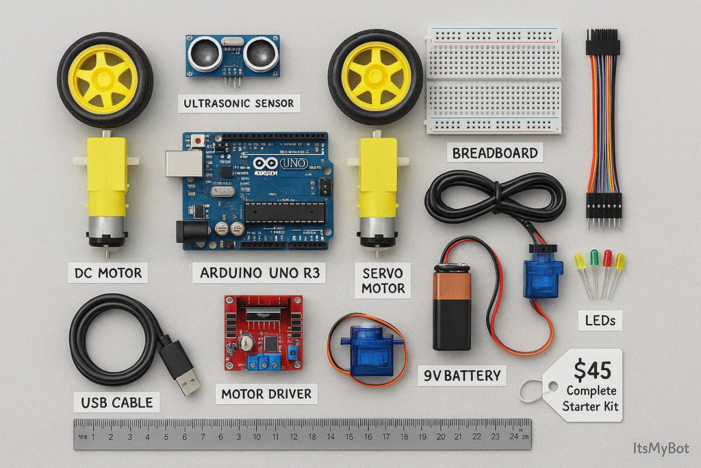 Complete Arduino robotics starter kit flat lay showing beginner components including Uno board, motors, sensors, breadboard and wires for $45