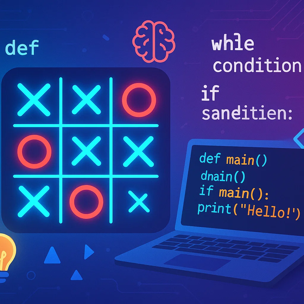 Python Tic Tac Toe game tutorial with code snippets and colorful X O grid for beginners