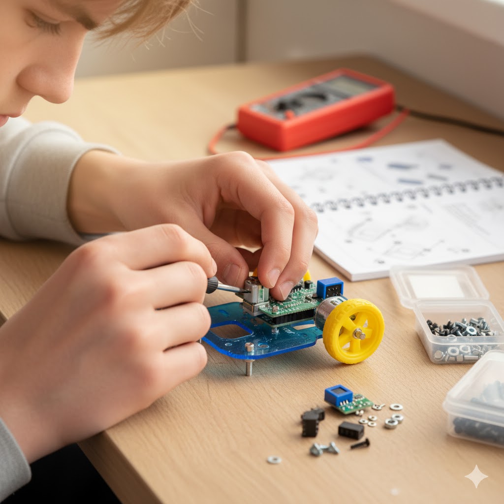 Hands assembling DC motor onto robot chassis with screwdriver showing mechanical construction process