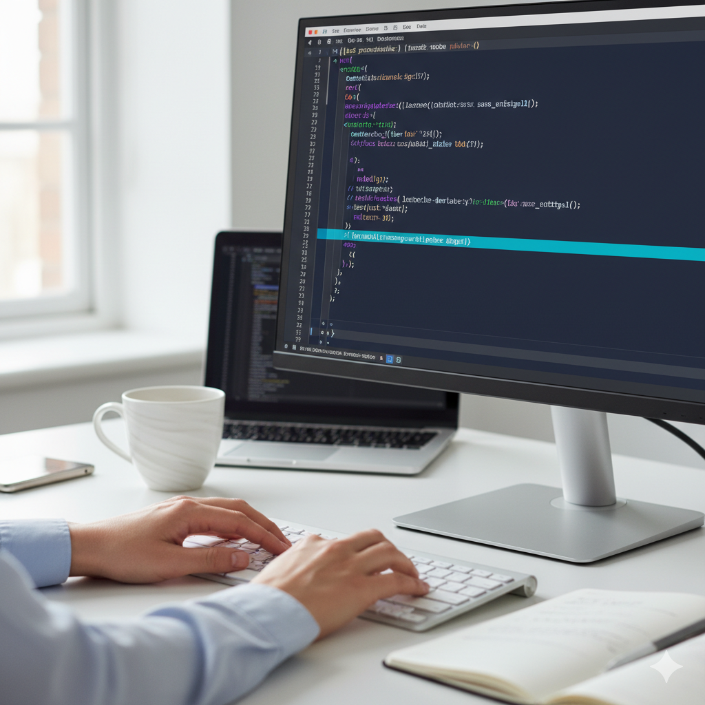 HTML blockquote tag code displayed on modern laptop screen with web developer hands typing semantic markup for quoted content