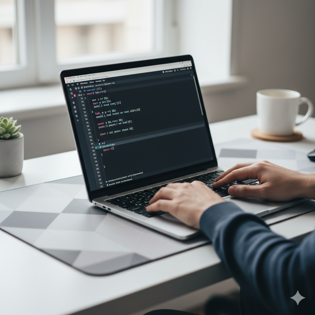 JavaScript variable declaration keywords var let const displayed on developer laptop screen with coding workspace