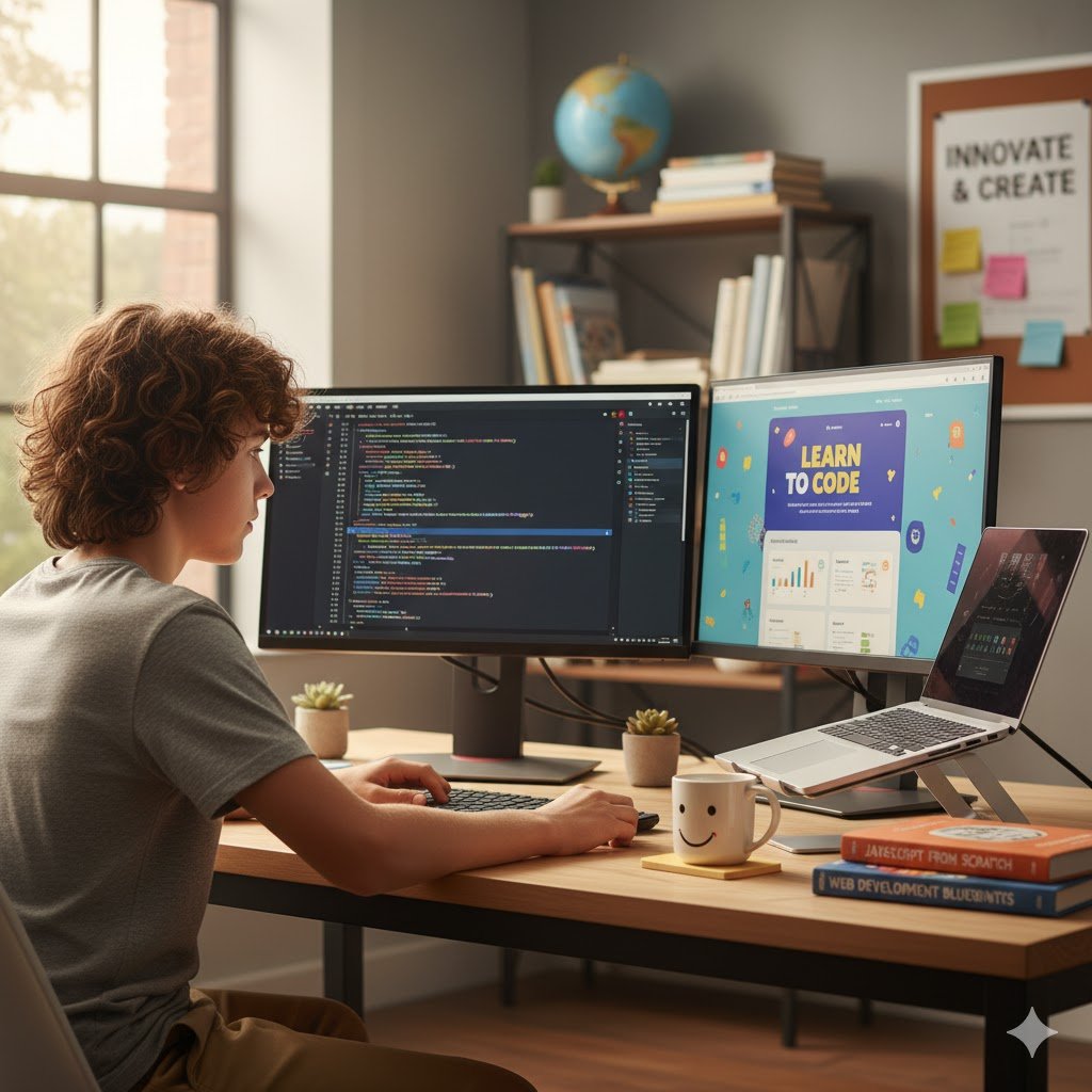 Young student learning JavaScript coding on dual monitors with colorful code and interactive website display