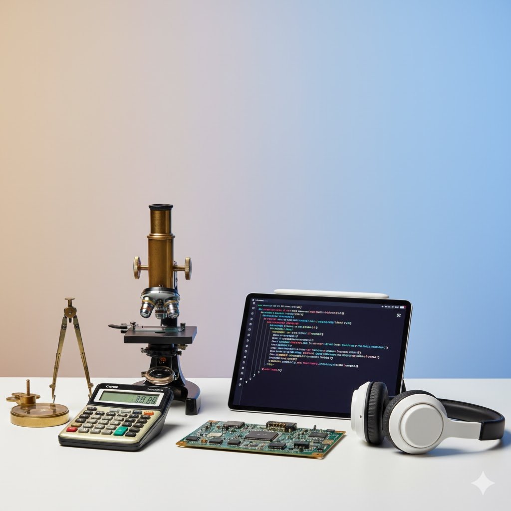 History of STEM education timeline showing evolution from vintage scientific tools to modern technology devices