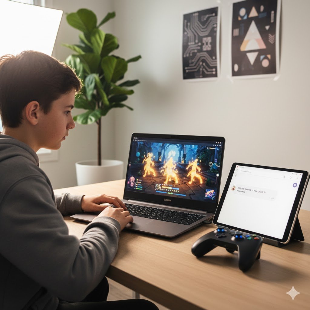 Student creating video game using ChatGPT on laptop with colorful game interface and AI programming assistant displayed on scree