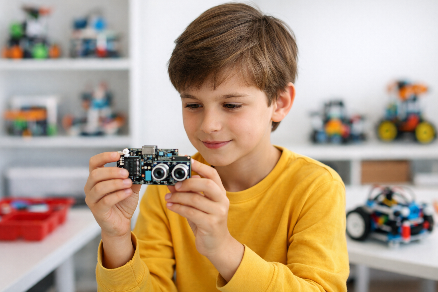 Child learning basic components of IoT system with hands-on robotics kit showing sensors and connectivity devices in modern STEM classroom