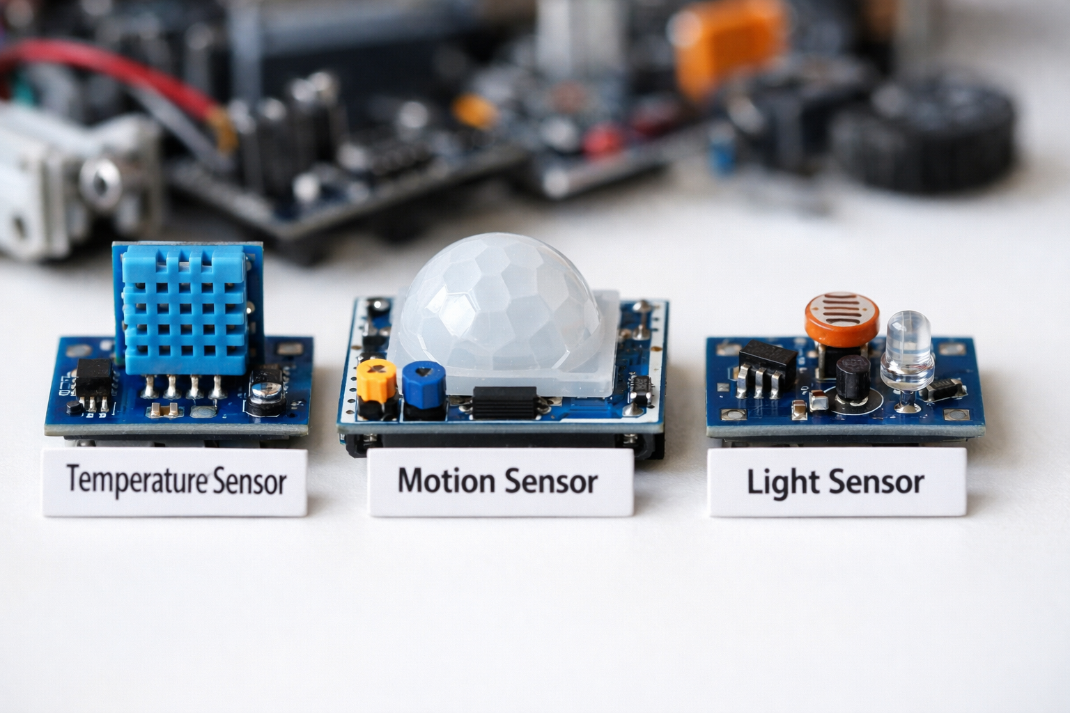 Collection of IoT sensors including temperature, motion, and light sensors used in basic components of IoT system for kids projects