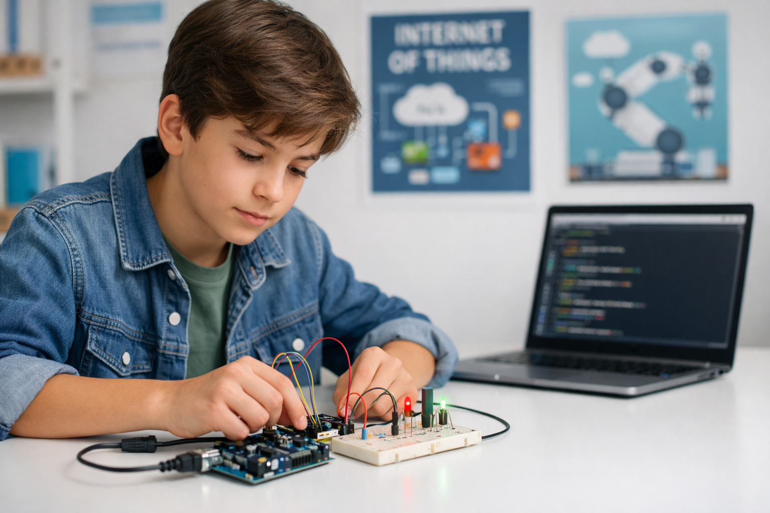 Beginner student building IoT-based project with Arduino microcontroller and sensors on desk for hands-on STEM learning