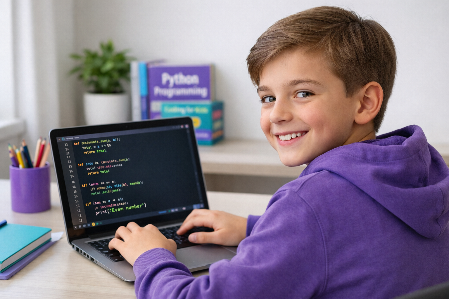 Young student working on Python coding challenges for beginners with laptop showing colorful code on screen in bright home learning environment