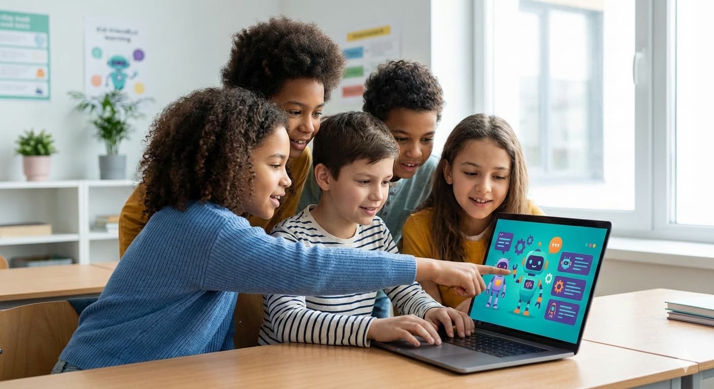 Children exploring free AI tools for kids on laptop in modern learning environment showing hands-on creative technology education