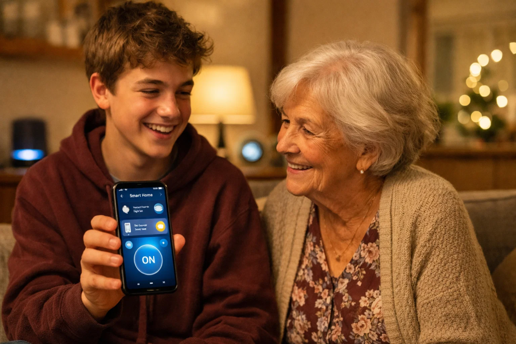 Student presenting completed IoT smart home automation system helping grandmother with mobility through voice-controlled devices