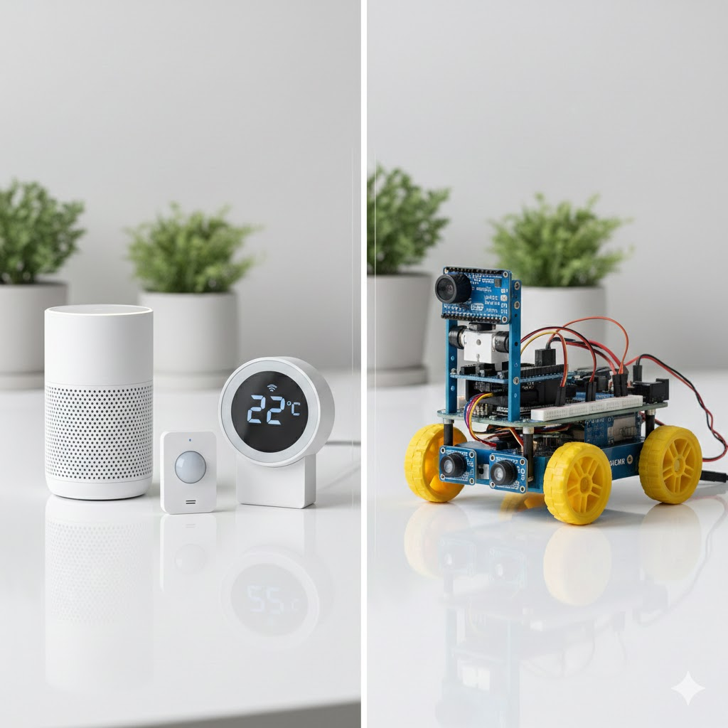 Visual comparison showing difference between IoT smart devices and robotics robot demonstrating distinct technologies for educational purposes