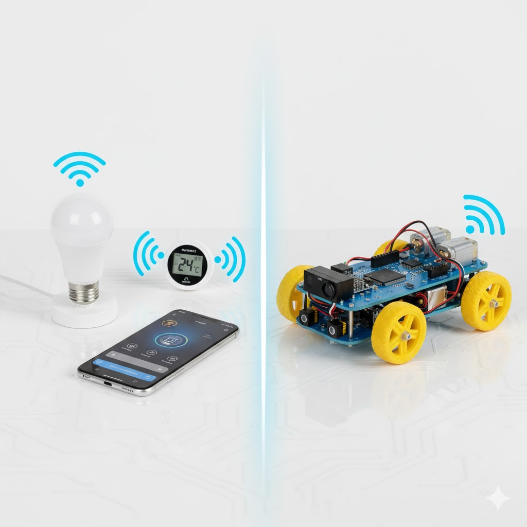 Side-by-side comparison illustrating difference between IoT connected devices and physical robotics systems for student learning
