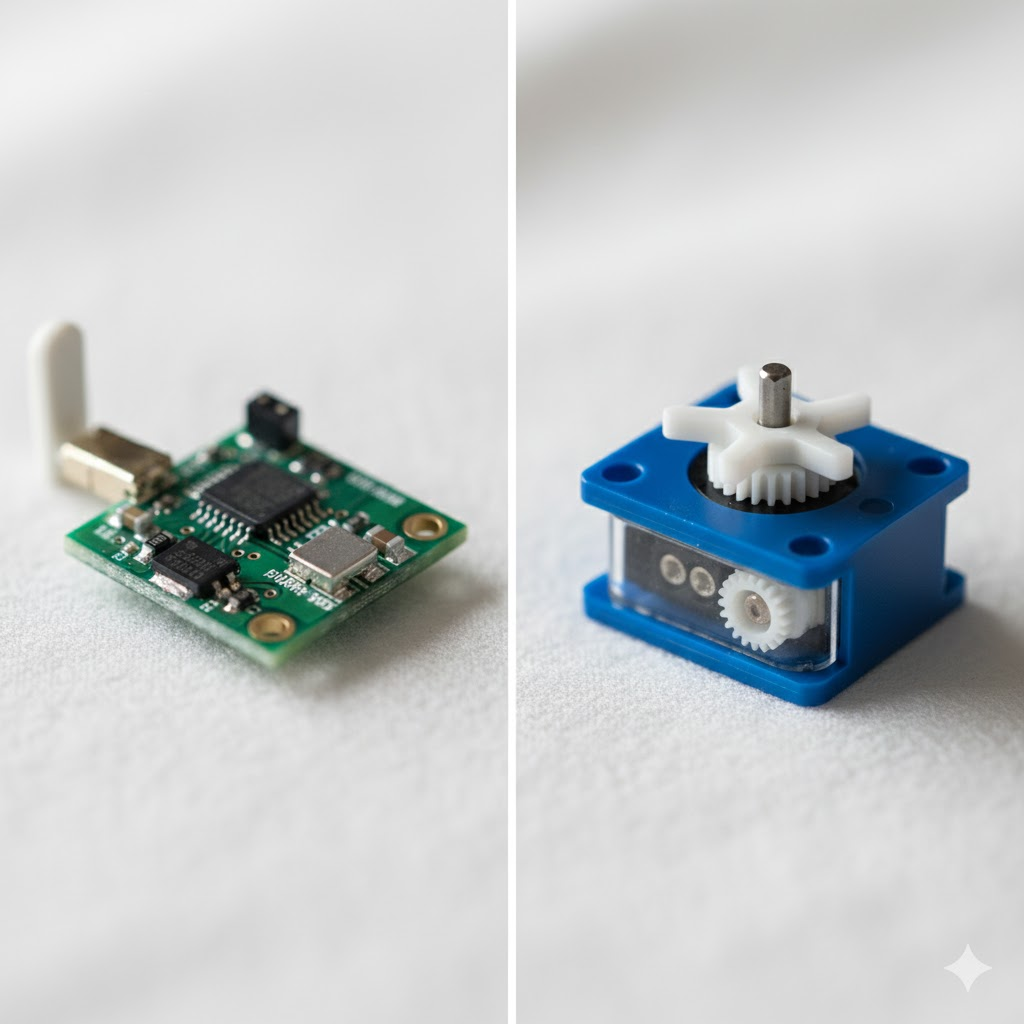 Detailed close-up comparison showing IoT sensor versus robotics motor highlighting physical difference between technologies