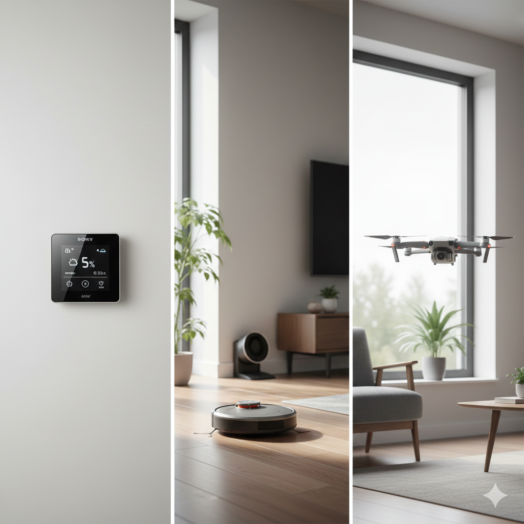 Real-world applications showing pure IoT device, pure robotics system, and hybrid technology demonstrating practical differences