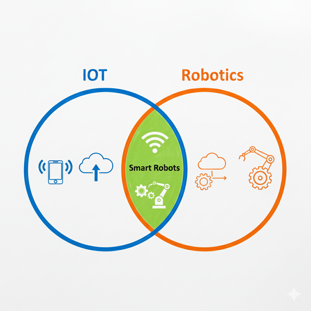 Venn diagram illustrating overlap between IoT and Robotics showing how technologies combine in smart robotic systems