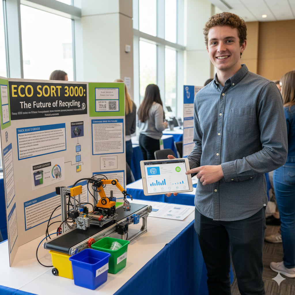 Student demonstrating combined IoT and robotics smart recycling project showing practical application of both technologies together