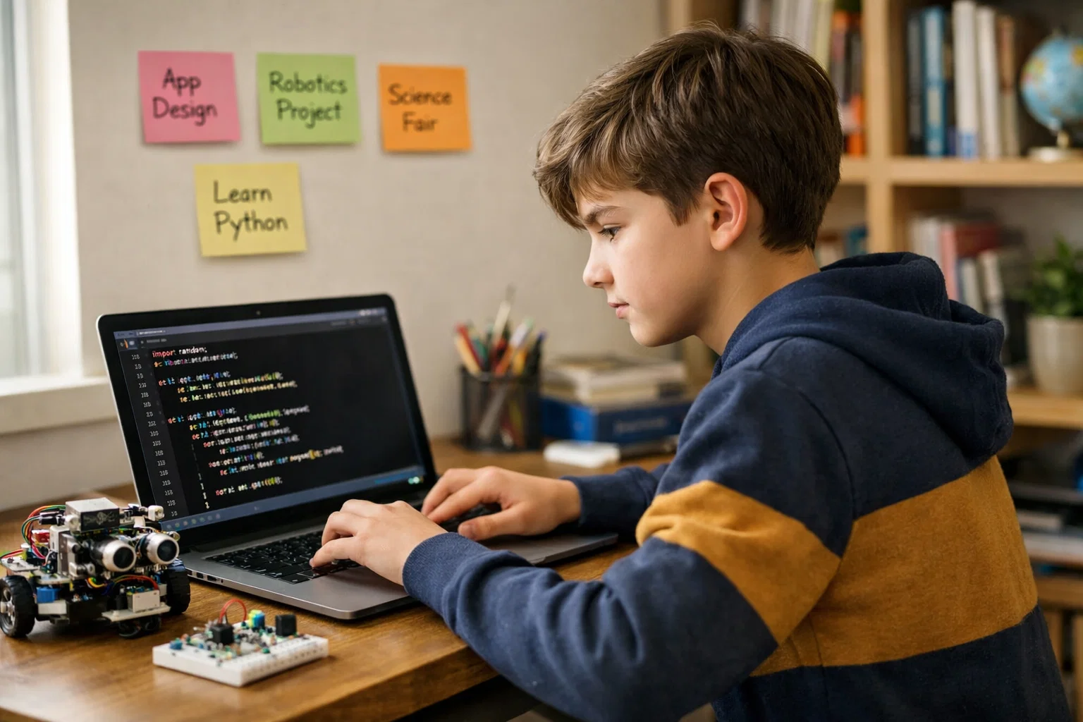 Student working on Python science fair project with laptop showing code and robotics materials on desk