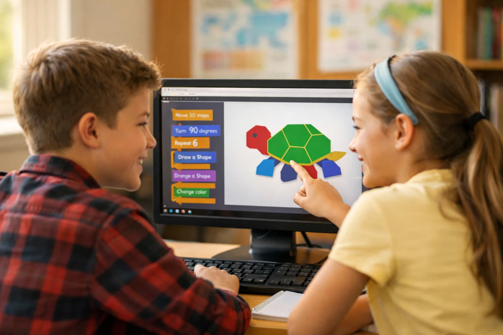 Two young students collaborating on Python turtle graphics project showing colorful shapes on computer screen
