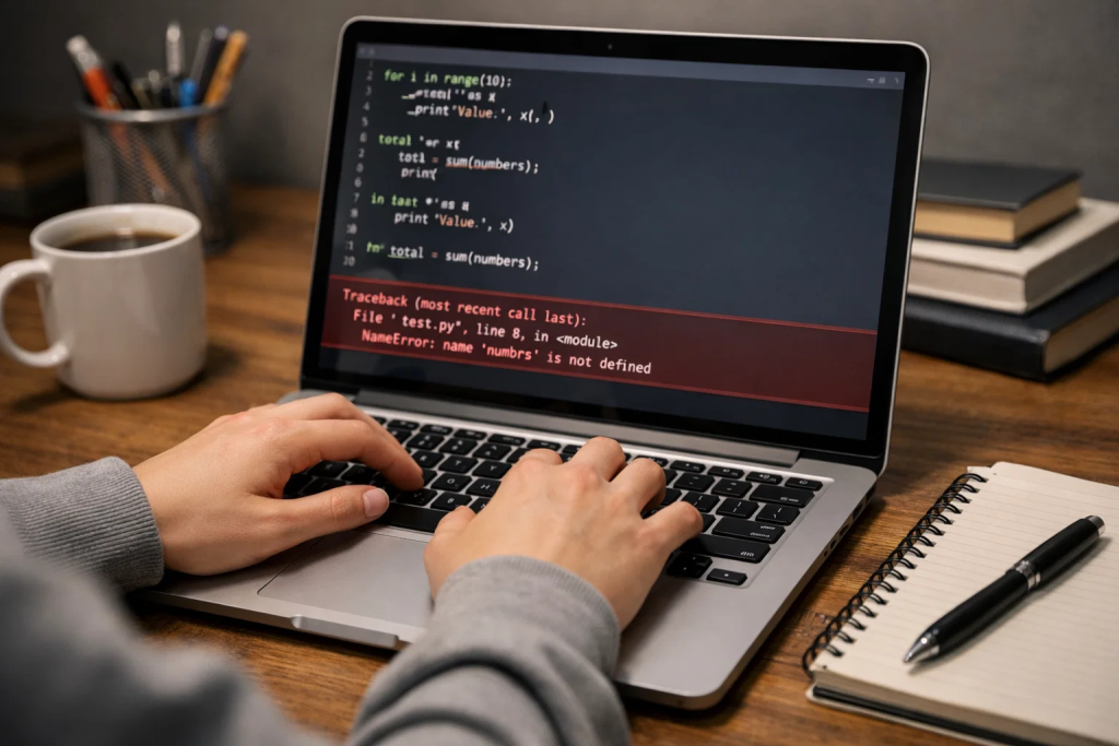 Student hands typing Python code on laptop with coding environment and error messages visible on screen