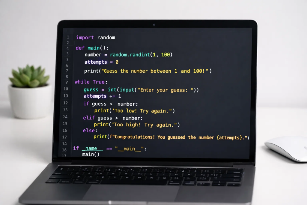 Python code editor showing beginner-friendly number guessing game challenge with colorful syntax highlighting on modern laptop screen