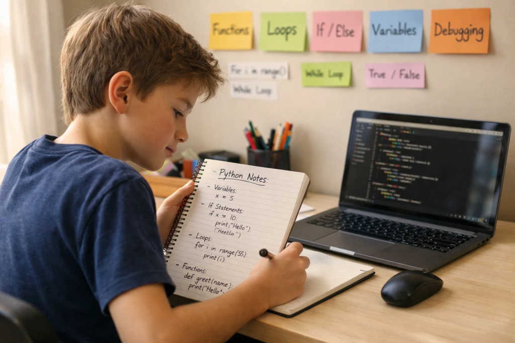 Young student working through Python coding challenges with handwritten notes and laptop showing beginner coding exercises