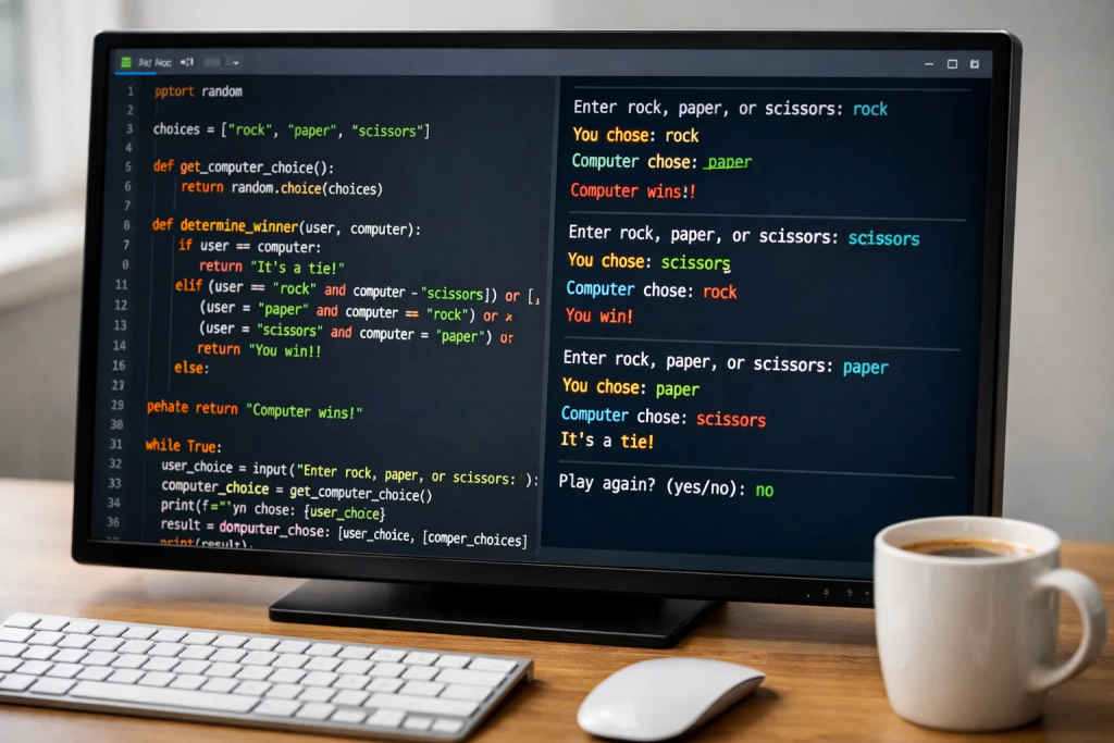 Python coding challenge showing Rock Paper Scissors game code with colorful terminal output on professional developer workspace