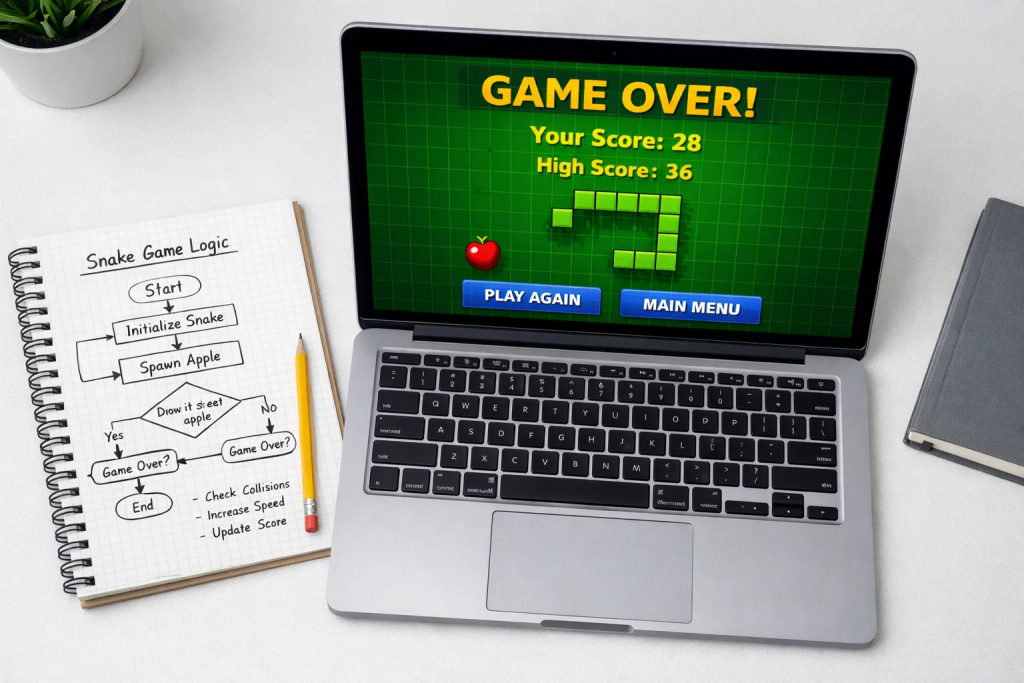 Completed Python snake game challenge running on laptop with planning notebook showing game logic diagrams