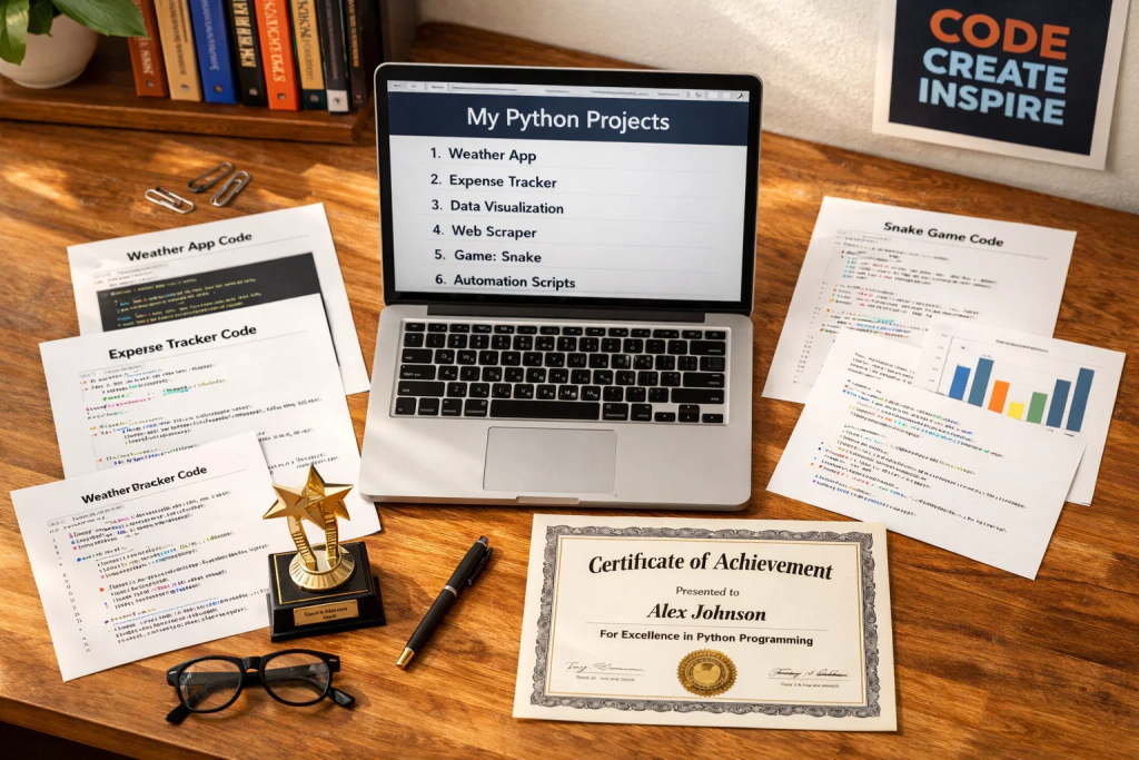  Student coding portfolio showing completed Python challenges with laptop, printed code examples, and achievement certificate in bright learning space