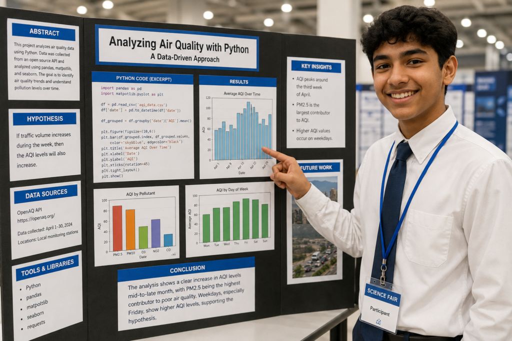 Student presenting a Python science fair project with data visualizations and charts.