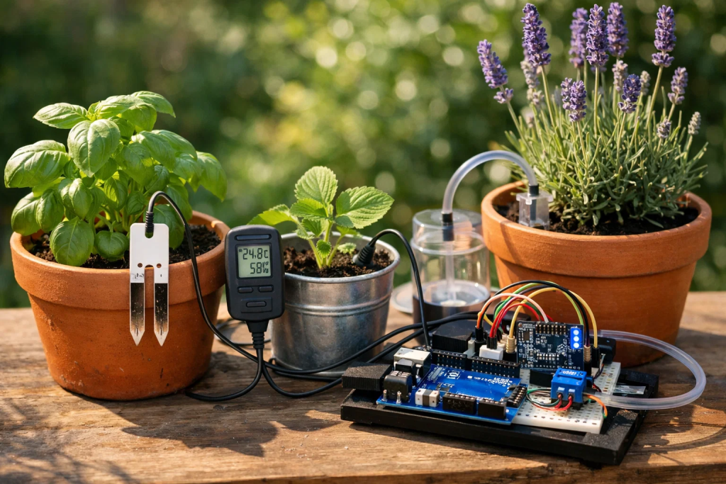Student-built smart garden project demonstrating practical application of basic components of IoT system with sensors and microcontroller
