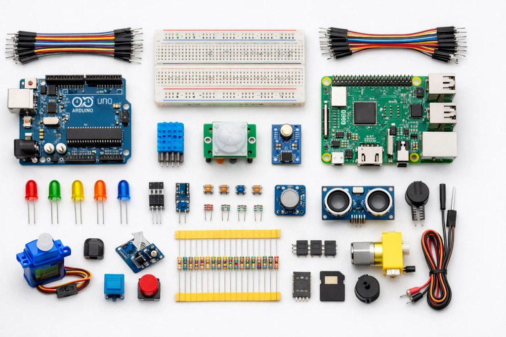 Complete beginner IoT starter kit showing Arduino, Raspberry Pi, sensors and electronic components for learning IoT-based projects